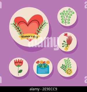 international womens day lettering in ribbon with heart and set icons vector illustration design Stock Vector