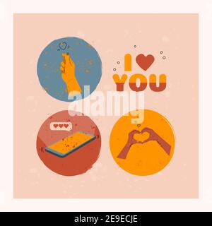 Set of modern icons. Concept of romantic and love. Hands folded in a heart, smartphone with a cloud of messages. Vector flat illustration for design. Stock Vector