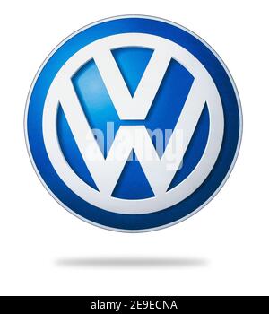 Photo of  Volkswagen logo printed on paper. Volkswagen is a German car manufacturer headquartered in Wolfsburg Stock Photo