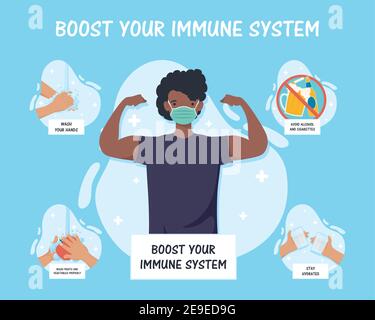 boost your immune system lettering with afro man wearing medical mask and recommendations vector illustration design Stock Vector