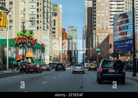 Chicago IL, USA - March 2019: View of West Ohio street and Rainforest cafe in Chicago downtown. Stock Photo