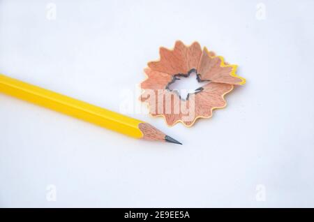 Closeup shot of a yellow wooden pencil with shaving flower isolated on a white background Stock Photo