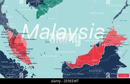 Malaysia country detailed editable map with regions cities and towns, roads and railways, geographic sites. Vector EPS-10 file Stock Vector