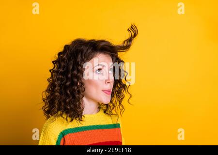 Photo of funny adorable lady wearing casual colorful sweater blowing hair looking empty space isolated yellow color background Stock Photo