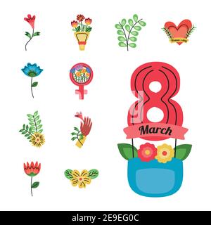international womens day lettering card in ribbon with eight number and set icons vector illustration design Stock Vector