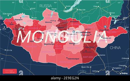 Mongolia country detailed editable map with regions cities and towns, roads and railways, geographic sites. Vector EPS-10 file Stock Vector