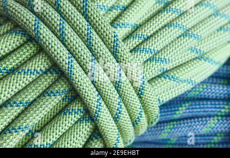 Climbing ropes close up picture, abstract background, selective focus. Stock Photo