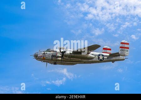 Panchito, B25 Bomber, Air Show, Dover Air Force Base, DE. The B-25 was designed as a medium bomber to operate at altitudes between 8000 and 12000 feet. Stock Photo