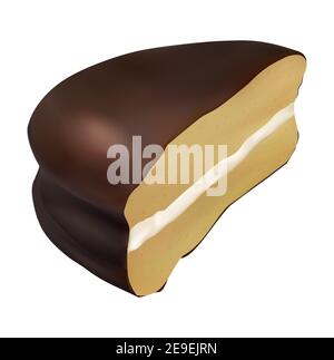 Chocolate glazed half sliced cookie isolated on white. Realistic dessert vector icon. Stock Vector