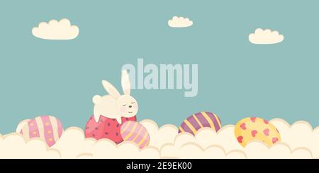 Easter poster and banner template with Easter eggs and Easter bunny in the clouds on a pastel turquoise background. Stock Vector