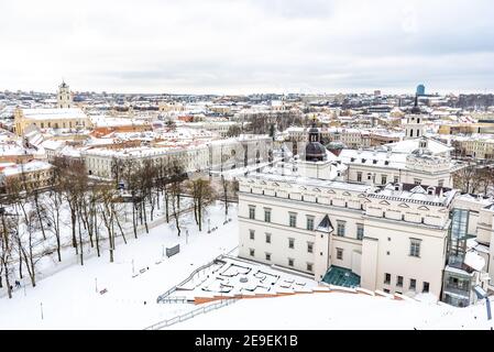Aerial view of Vilnius old town, capital of Lithuania in winter day with snow Stock Photo