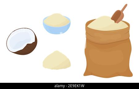Coconut keto flour heap in bag and bowl and half coconut isolated on a white background. Vector illustration of healthy food in cartoon flat style. Stock Vector
