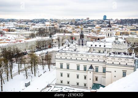 Aerial view of Vilnius old town, capital of Lithuania in winter day with snow Stock Photo