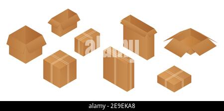 Isometric carton packaging opened and closed box set of different size. Vector illustration isolated on white. Stock Vector