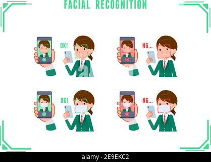 A set of schoolgirl doing facial recognition on their phones.It's vector art so easy to edit. Stock Vector