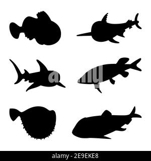 Fishes - set of vector icons. Silhouette. Isolated over white background. Stock Vector