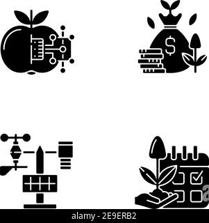 Estimating planting time black glyph icons set on white space Stock Vector