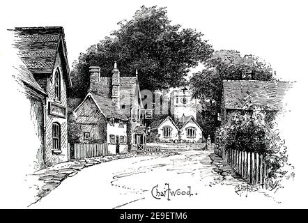 Charlwood Surrey, The Street and St Nicholas Church and Half Moon Pub, pen and ink drawing by Charles George Harper , line illustration reproduced by Stock Photo
