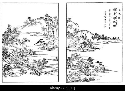 Two panels from 1735 Japanese Tsuki Yama Niwazukuri Den, Designs for hill gardens  by Enkin Kitamura, from 1893 Volume 1, The Studio an Illustrated Ma Stock Photo