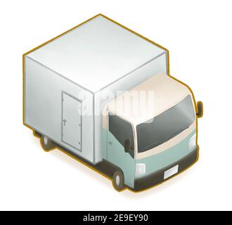 White green truck car, a digital painting of delivery container lorry vehicle isometric cartoon icon raster illustration isolated on white background. Stock Photo