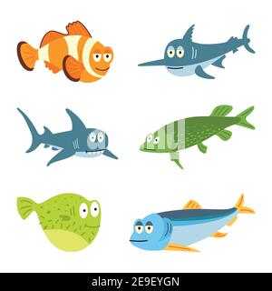 Fishes - set of vector icons. Isolated over white background. Stock Vector