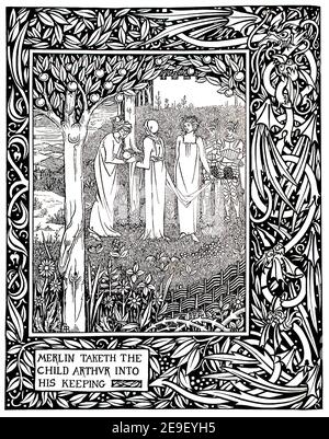 Merlin taketh the child Arthur into his keeping, from Dent & Co’s 1892 Thomas Malory’s Morte d’Arthur, drawing in line and wash design by Aubrey Beard Stock Photo