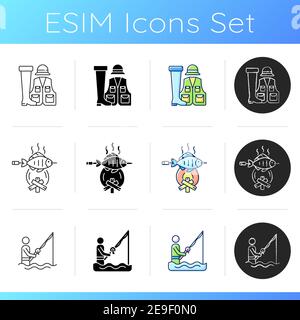 Cooking freshly caught fish icons set Stock Vector