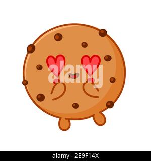 Cute funny cookie with chocolate chips. Vector flat line cartoon kawaii character illustration icon. Isolated on white background. Homemade cookie with heart in love character concept Stock Vector