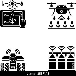 Precision agriculture black glyph icons set on white space Stock Vector