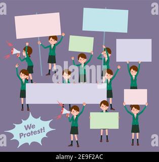 A set of schoolgirl protesting.It's vector art so easy to edit. Stock Vector