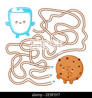 Cute funny labyrinth maze game. Help cookie find milk glass. Maze game for kids. Vector flat line cartoon kawaii character illustration icon. Labyrinth maze game concept Stock Vector