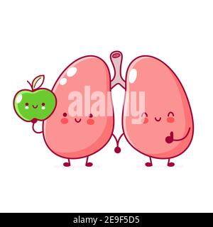 Cute funny human lungs organ with apple character. Vector flat line cartoon kawaii character illustration icon. Isolated on white background. Lungs organ character concept Stock Vector