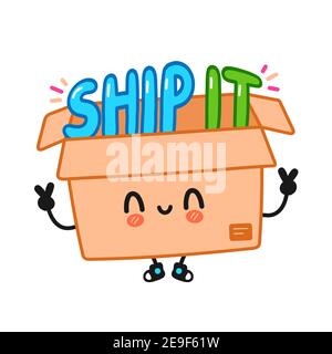Cute funny opne delivery box. Vector flat line cartoon kawaii character illustration icon. Isolated on white background. Ship it lettering print design concept Stock Vector