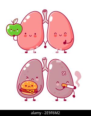 Cute sick with burger and cigarette and healthy with apple human lungs organ character . Vector flat line cartoon kawaii character illustration icon. Isolated on white background. Lungs character Stock Vector