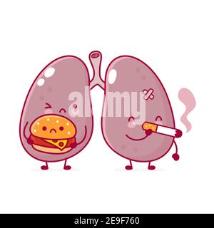 Cute sick human lungs organ character with burger and cigarette. Vector flat line cartoon kawaii character illustration icon. Isolated on white background. Lungs organ character concept Stock Vector