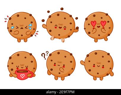 Cute funny cookie with chocolate chips set collection. Vector flat line cartoon kawaii character illustration icon. Isolated on white background. Homemade cookie character concept Stock Vector