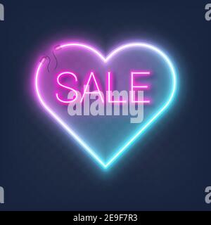 Realistic glowing shape neon heart frame with sale sign isolated on transparent background with place for text. Shining and glowing neon effect with Stock Vector