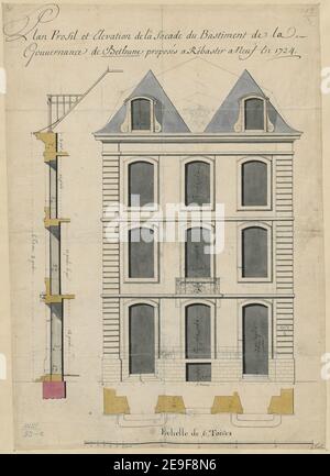 Plan, Profil et Elevation de la facade du Bastiment de la Gouvernance de Bethune proposeÃÅs a ReÃÅbastir a neuf en 1724. Visual Material information:  Title: Plan, Profil et Elevation de la facade du Bastiment de la Gouvernance de Bethune proposeÃÅs a ReÃÅbastir a neuf en 1724. 58.83.e. Date of publication: [1724]  Item type: 1 drawing Medium: pen and black ink with watercolour Dimensions: sheet 44.1 x 31.3 cm  Former owner: George III, King of Great Britain, 1738-1820 Stock Photo