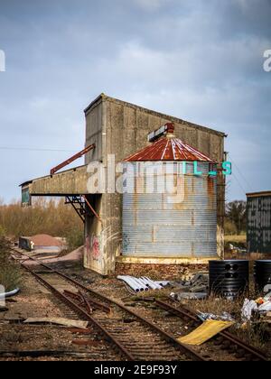 Derelict Myhills Grain Silo at Whittlesford Parkway Station, South Cambridgeshire. Was used for loading animal feed onto trains. Stock Photo