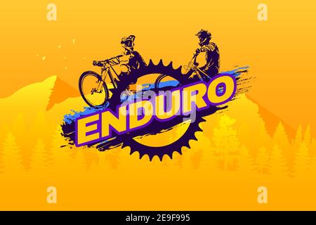 Enduro mountain biking logo template. Typography design with riders and bicycle chainring silhouette. Concept for shirt or logo, print, stamp or tee. Stock Vector