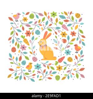 Cute Easter Bunny in Spring Flowers Pattern Vector Decoration Stock Vector