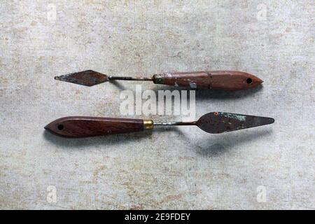 Closeup shot of two palette knives for painting Stock Photo