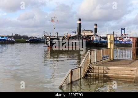 Duisburg, NRW, Germany. 04th Feb, 2021. Flooding near the 'Oscar Huber' museum ship, a 1922 steam peddler. Water levels have risen to 9.25 metres at Ruhrort in Duisburg. The flood situation North Rhine-Westphalia remained tense on Thursday with water levels expected to rise further along the River Rhine in Duisburg, as well as Düsseldorf, Wesel and Cologne, where ships can now no longer operate. Credit: Imageplotter/Alamy Live News Stock Photo