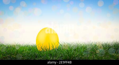 Yellow Easter egg in grass. Easter background. Stock Photo