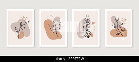 Vector set of boho wall art. Trendy pictures with plants and abstract organic shapes. Botanical illustration Stock Vector