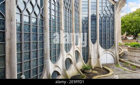 The stained glass windows seen from the exterior of the Church of St Joan of Arc in Rouen France. Stock Photo