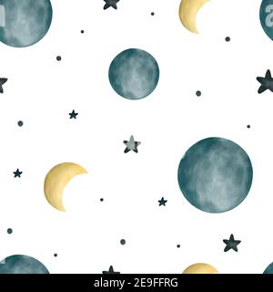 Cute space seamless pattern with moon, planets and stars in watercolor style. Hand drawn Scandinavian childish illustration. Stock Vector