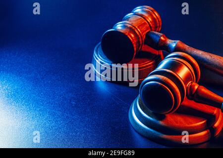 Judge gavel close up on paper background. Law and justice, legality concept Stock Photo