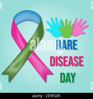 Rare disease day. Vector illustration with colorful hands and ribbon awareness. Stock Vector