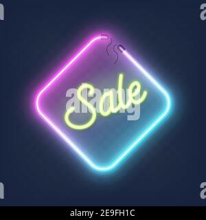 Realistic glowing shape neon rhombus frame with sale sign isolated on transparent background with place for text. Shining and glowing neon effect with Stock Vector